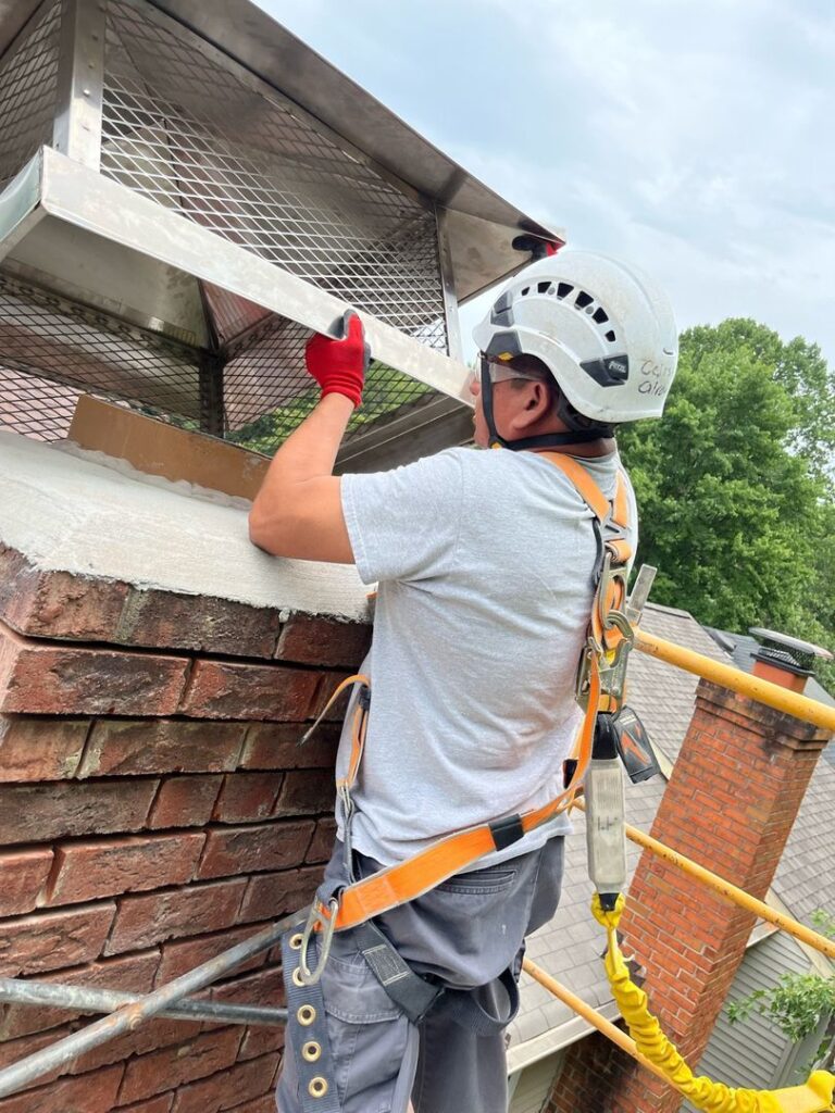 A worker wearing safety gear installs a metal mount cap on a brick chimney from scaffolding.