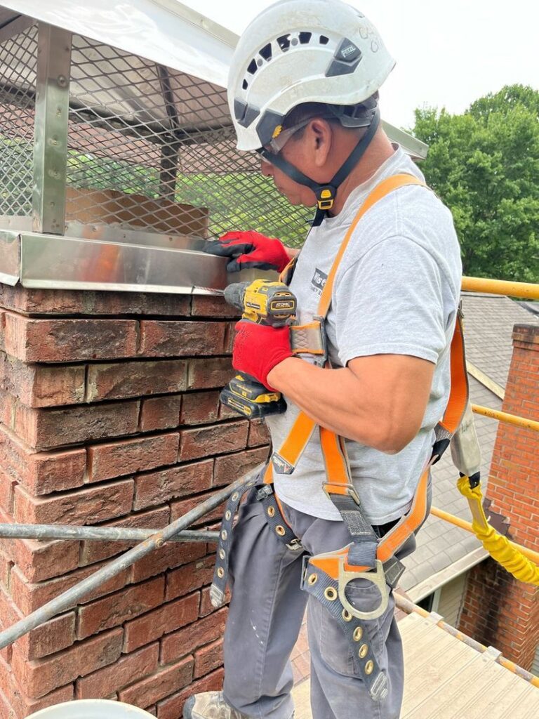 A worker in safety gear uses a cordless drill to secure a metal mount cap on top of a brick chimney.